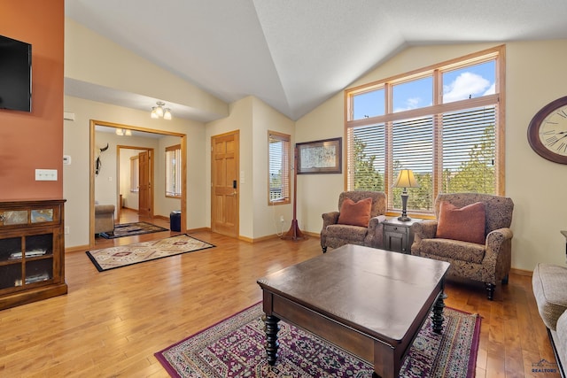 24354 Rushmore Ranch Rd, Keystone, SD 57751 - living area with light wood-style flooring, baseboards, and vaulted ceiling