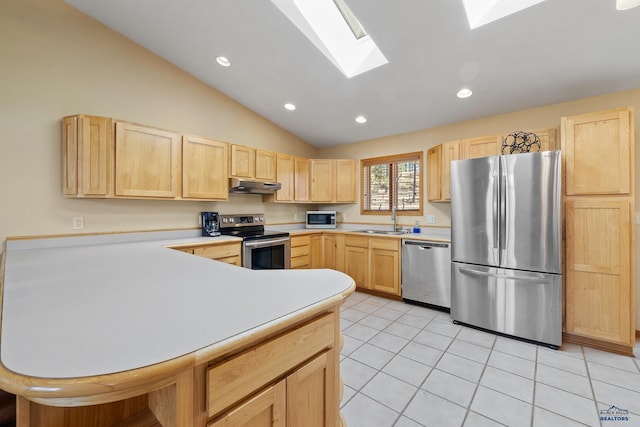 24354 Rushmore Ranch Rd, Keystone, SD 57751 - kitchen with light countertops, appliances with stainless steel finishes, under cabinet range hood, a sink, and light brown cabinetry