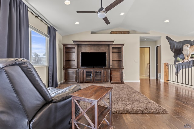 2750 Tumble Weed Trl, Spearfish, SD 57783 - living room with baseboards, vaulted ceiling, recessed lighting, a ceiling fan, and wood finished floors