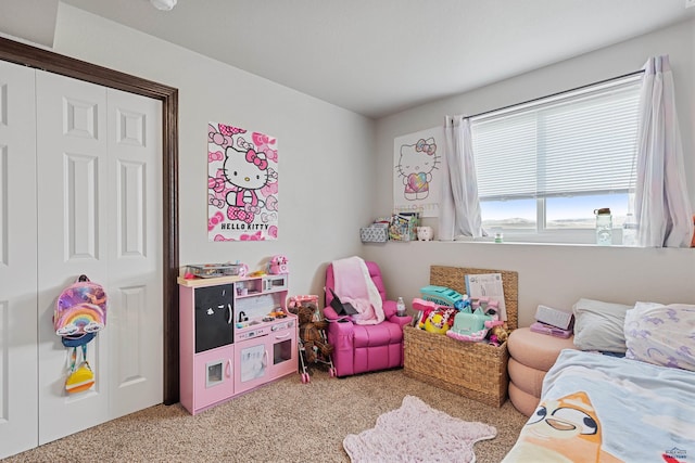 bedroom with light colored carpet