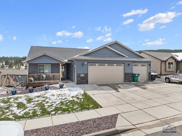 2678 Meadows Dr, Sturgis, SD 57785 - ranch-style home with roof with shingles, driveway, stone siding, a garage, and covered porch