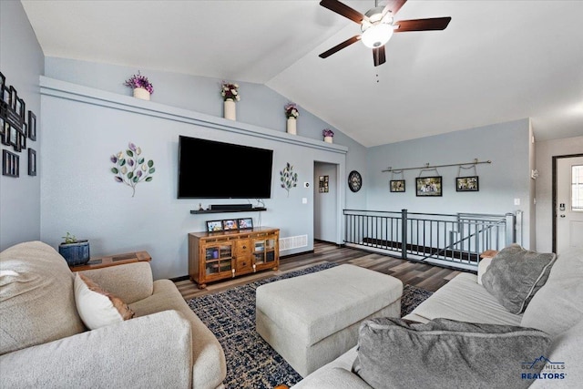 2678 Meadows Dr, Sturgis, SD 57785 - living area featuring wood finished floors, visible vents, a ceiling fan, and lofted ceiling