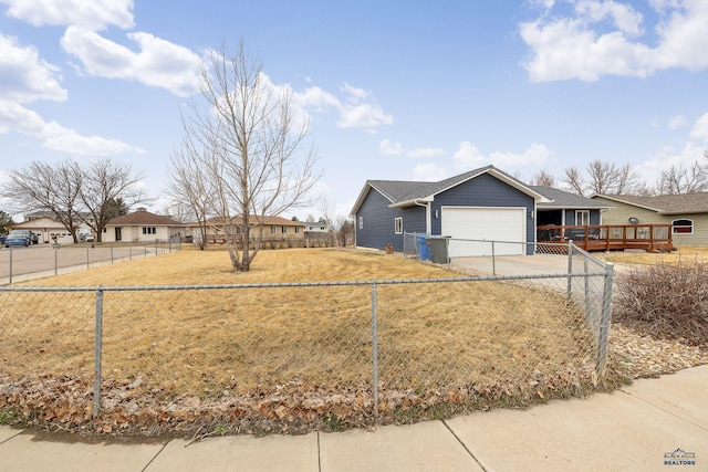 ranch-style house featuring fence, a garage, and concrete driveway