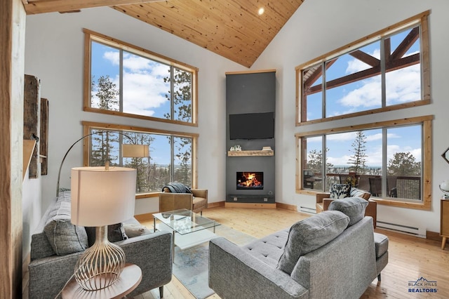 living area with high vaulted ceiling, a wealth of natural light, a lit fireplace, light wood-style flooring, and wood ceiling