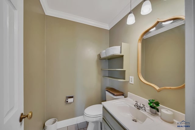 3112 Flint Dr, Rapid City, SD 57702 - half bathroom with baseboards, toilet, crown molding, vanity, and tile patterned floors