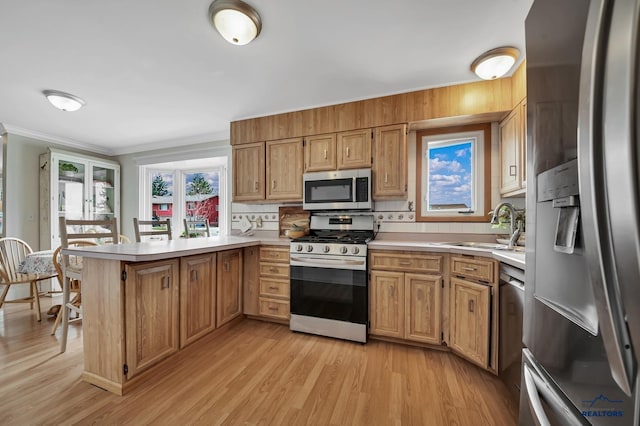 3112 Flint Dr, Rapid City, SD 57702 - kitchen with a peninsula, ornamental molding, light countertops, a sink, and stainless steel appliances