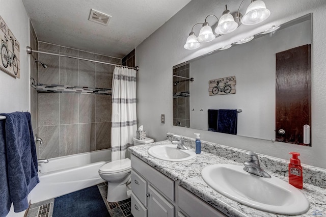 full bathroom with a textured ceiling, visible vents, toilet, a sink, and shower / tub combo