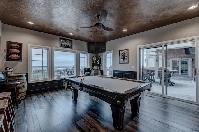 1334 Alta Vista Dr, Rapid City, SD 57701 - recreation room featuring a ceiling fan, a textured wall, dark wood-style floors, recessed lighting, and pool table