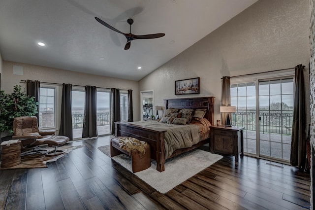 1334 Alta Vista Dr, Rapid City, SD 57701 - bedroom featuring access to exterior, high vaulted ceiling, hardwood / wood-style floors, and recessed lighting