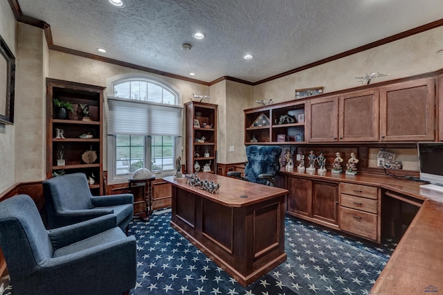1334 Alta Vista Dr, Rapid City, SD 57701 - office space featuring built in study area, ornamental molding, dark carpet, a textured ceiling, and a wainscoted wall