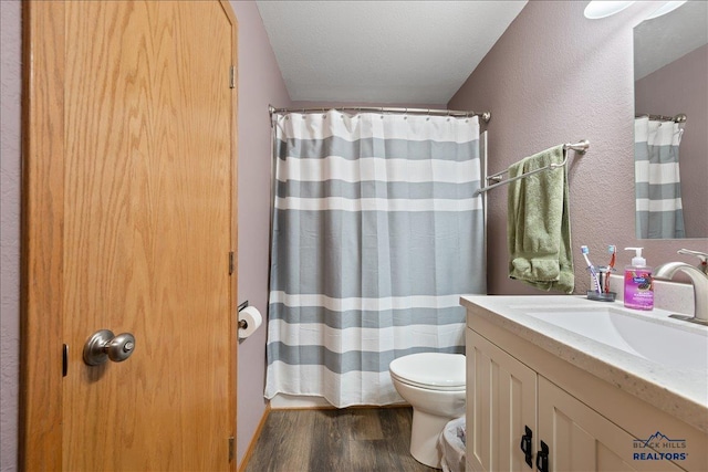 322 Summit, Belle Fourche, SD 57717 - bathroom featuring wood finished floors, a textured wall, toilet, vanity, and a shower with curtain