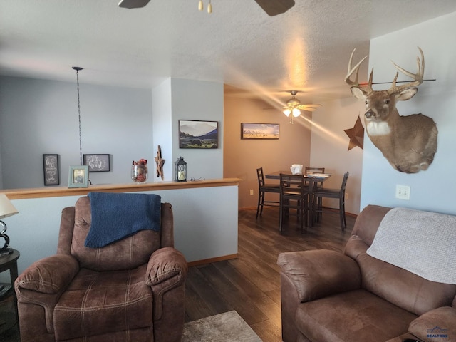 322 Summit, Belle Fourche, SD 57717 - living room with wood finished floors, a textured ceiling, baseboards, and ceiling fan