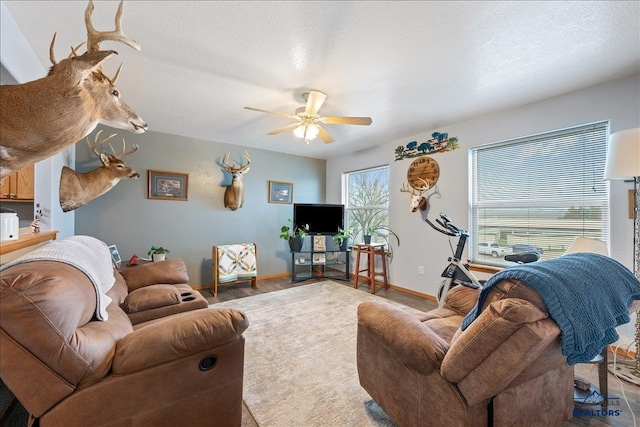 322 Summit, Belle Fourche, SD 57717 - living room featuring wood finished floors, a textured ceiling, baseboards, and ceiling fan