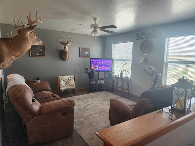 322 Summit, Belle Fourche, SD 57717 - living area with a textured ceiling, ceiling fan, and baseboards