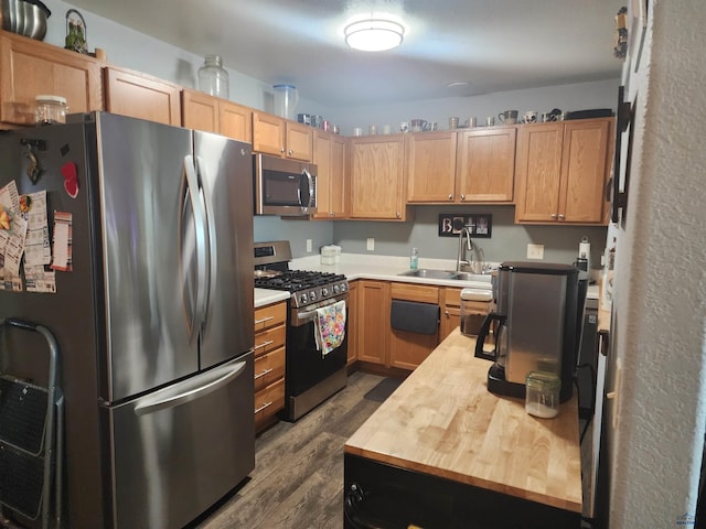 322 Summit, Belle Fourche, SD 57717 - kitchen featuring stainless steel appliances, wood counters, dark wood-style floors, and a sink