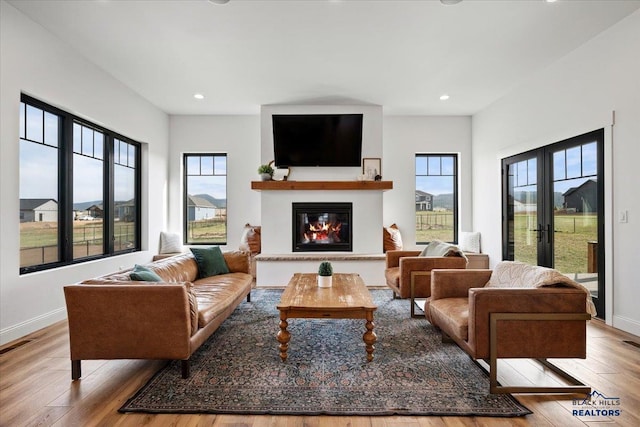 living area featuring wood finished floors, baseboards, a glass covered fireplace, and a wealth of natural light