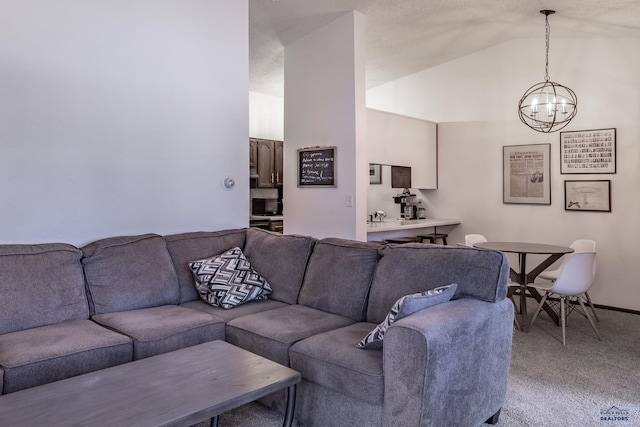 living room with a chandelier, baseboards, light colored carpet, and vaulted ceiling