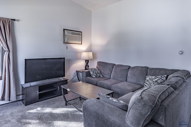 living room with carpet flooring and a wall mounted air conditioner