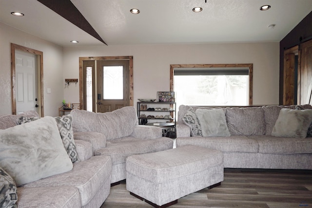2412 Cameron Dr, Rapid City, SD 57702 - living room with recessed lighting, dark wood-type flooring, and a barn door