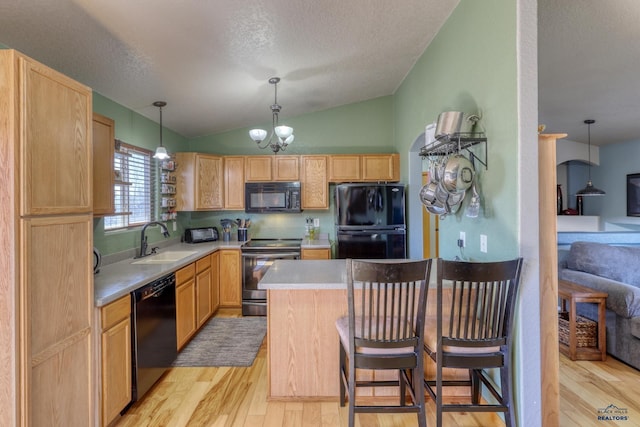 2906 Benjamin, Rapid City, SD 57703 - kitchen with light brown cabinets, vaulted ceiling, black appliances, light wood finished floors, and a sink