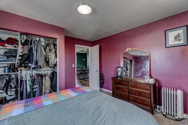1021 Haines Ave, Rapid City, SD 57701 - carpeted bedroom with a closet, baseboards, radiator, and a textured wall