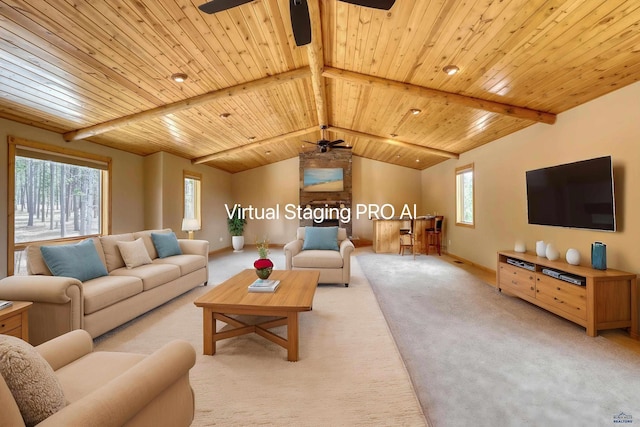 8000 Meadow View Ct, Rapid City, SD 57702 - living area featuring baseboards, lofted ceiling with beams, a ceiling fan, wood ceiling, and light colored carpet