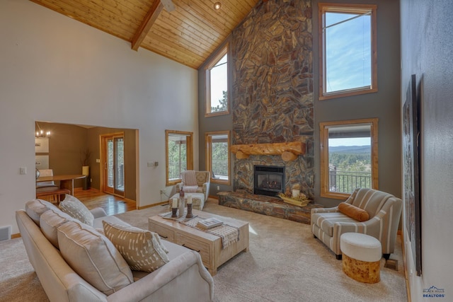 8000 Meadow View Ct, Rapid City, SD 57702 - living room with visible vents, high vaulted ceiling, carpet flooring, and wood ceiling