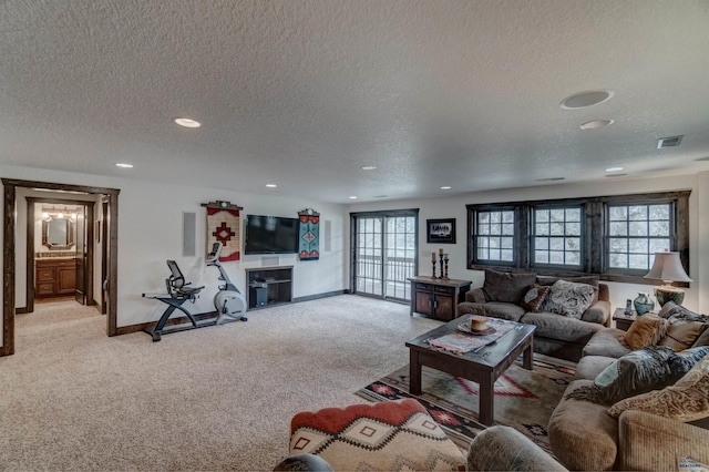101/109 Sherman St, Rapid City, SD 57702 - living area featuring a textured ceiling, visible vents, baseboards, recessed lighting, and light colored carpet