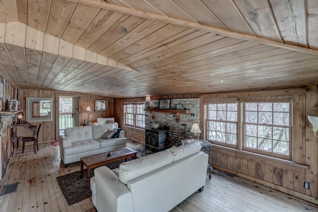 101/109 Sherman St, Rapid City, SD 57702 - living area featuring light wood-type flooring, visible vents, wood walls, wood ceiling, and a wood stove
