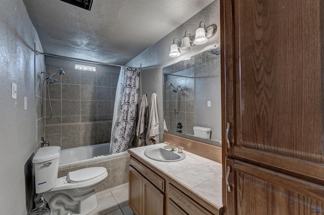 bathroom with tile patterned floors, a textured ceiling, toilet, tiled shower / bath combo, and a textured wall
