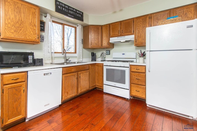 1711 Plateau Ln, Rapid City, SD 57703 - kitchen featuring under cabinet range hood, light countertops, a sink, white appliances, and dark wood-style flooring