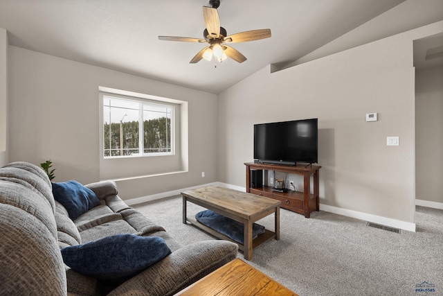 1073 Quinn Dr, Hill City, SD 57745 - living room with lofted ceiling, carpet flooring, and ceiling fan