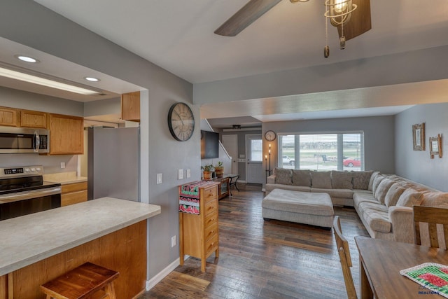 5B Statesboro, Belle Fourche, SD 57717 - living area with recessed lighting, ceiling fan, baseboards, and dark wood-style flooring