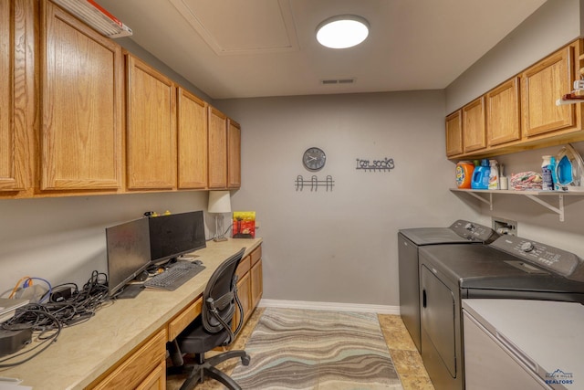 5B Statesboro, Belle Fourche, SD 57717 - laundry room with washing machine and dryer, baseboards, visible vents, and cabinet space