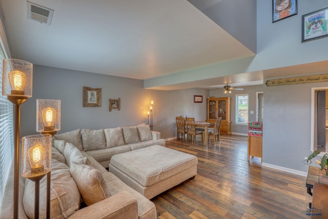5B Statesboro, Belle Fourche, SD 57717 - living room with baseboards, visible vents, dark wood-type flooring, and ceiling fan