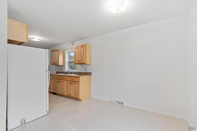 1937 Hillsview Dr, Rapid City, SD 57702 - kitchen featuring freestanding refrigerator, a sink, baseboards, visible vents, and a textured ceiling