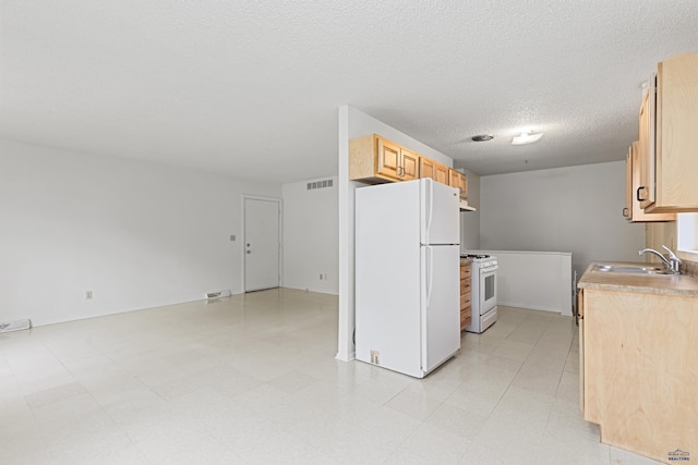 1937 Hillsview Dr, Rapid City, SD 57702 - kitchen with a sink, visible vents, light brown cabinets, light countertops, and white appliances