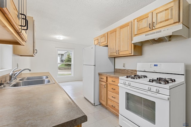 1937 Hillsview Dr, Rapid City, SD 57702 - kitchen with a textured ceiling, a sink, under cabinet range hood, light brown cabinetry, and white appliances