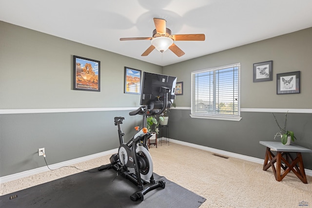 exercise room with baseboards, visible vents, ceiling fan, and carpet