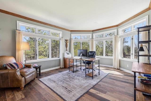 office area with plenty of natural light, baseboards, crown molding, and wood finished floors