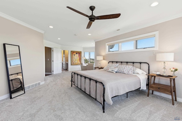 bedroom with crown molding, recessed lighting, and visible vents