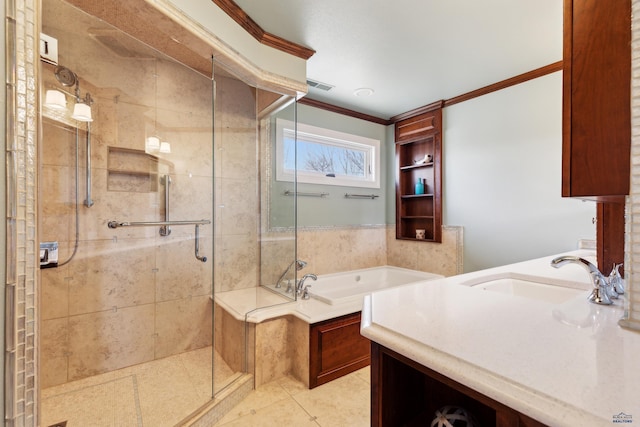 full bath featuring a sink, ornamental molding, a stall shower, and a bath
