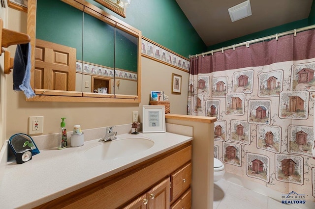 20842 Legacy, Sturgis, SD 57785 - full bath featuring tile patterned flooring, vanity, toilet, curtained shower, and visible vents