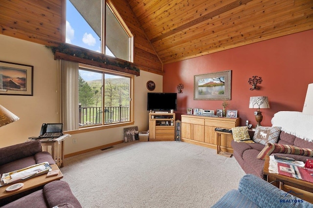 20842 Legacy, Sturgis, SD 57785 - carpeted living room featuring baseboards, wood ceiling, and high vaulted ceiling