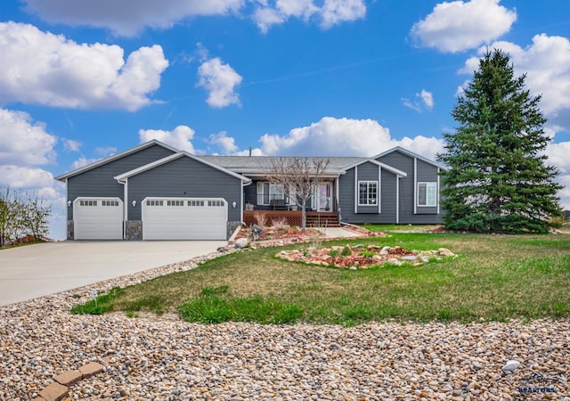 ranch-style home with an attached garage, a front lawn, a porch, and concrete driveway