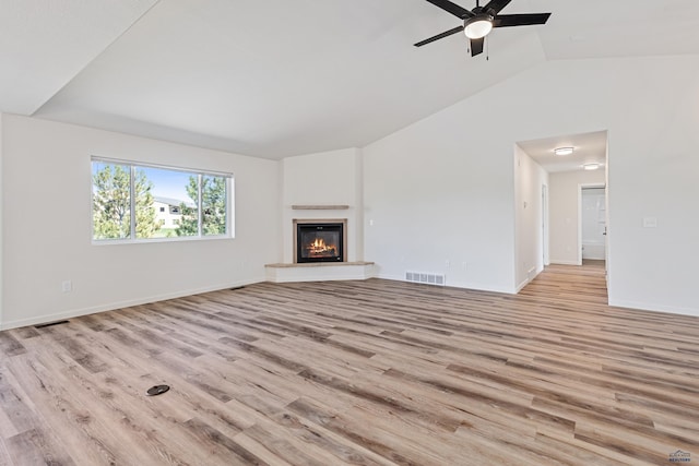 unfurnished living room featuring a ceiling fan, light wood-type flooring, and visible vents