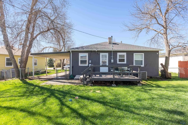 back of property featuring a lawn, a deck, a fenced backyard, and stucco siding