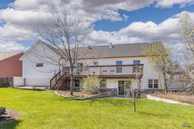 6850 Brighton, Summerset, SD 57718 - back of house featuring a wooden deck, fence, roof with shingles, a lawn, and stairway
