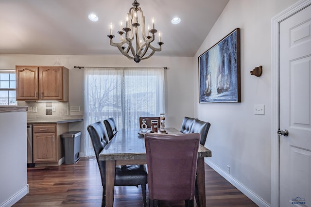6850 Brighton, Summerset, SD 57718 - dining area with a chandelier, baseboards, dark wood-style floors, lofted ceiling, and recessed lighting