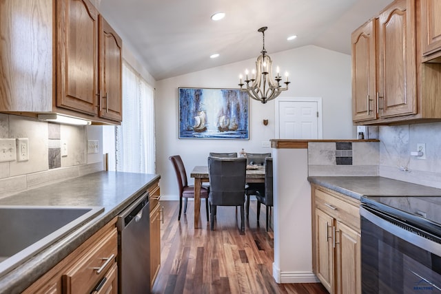 6850 Brighton, Summerset, SD 57718 - kitchen with a chandelier, black electric range, dark wood-type flooring, stainless steel dishwasher, and vaulted ceiling